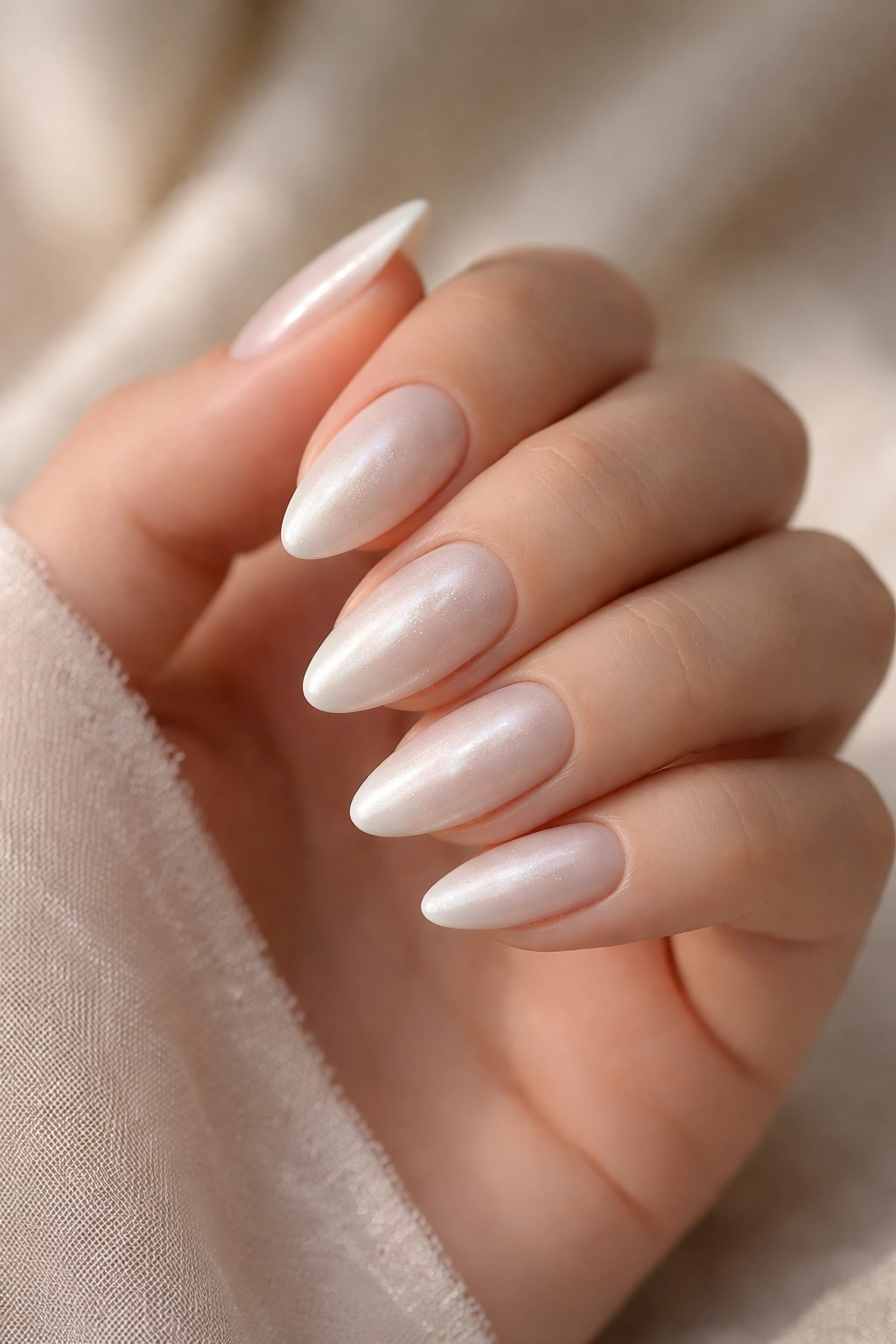 Close-up of pearl-toned white almond nails with subtle shimmer