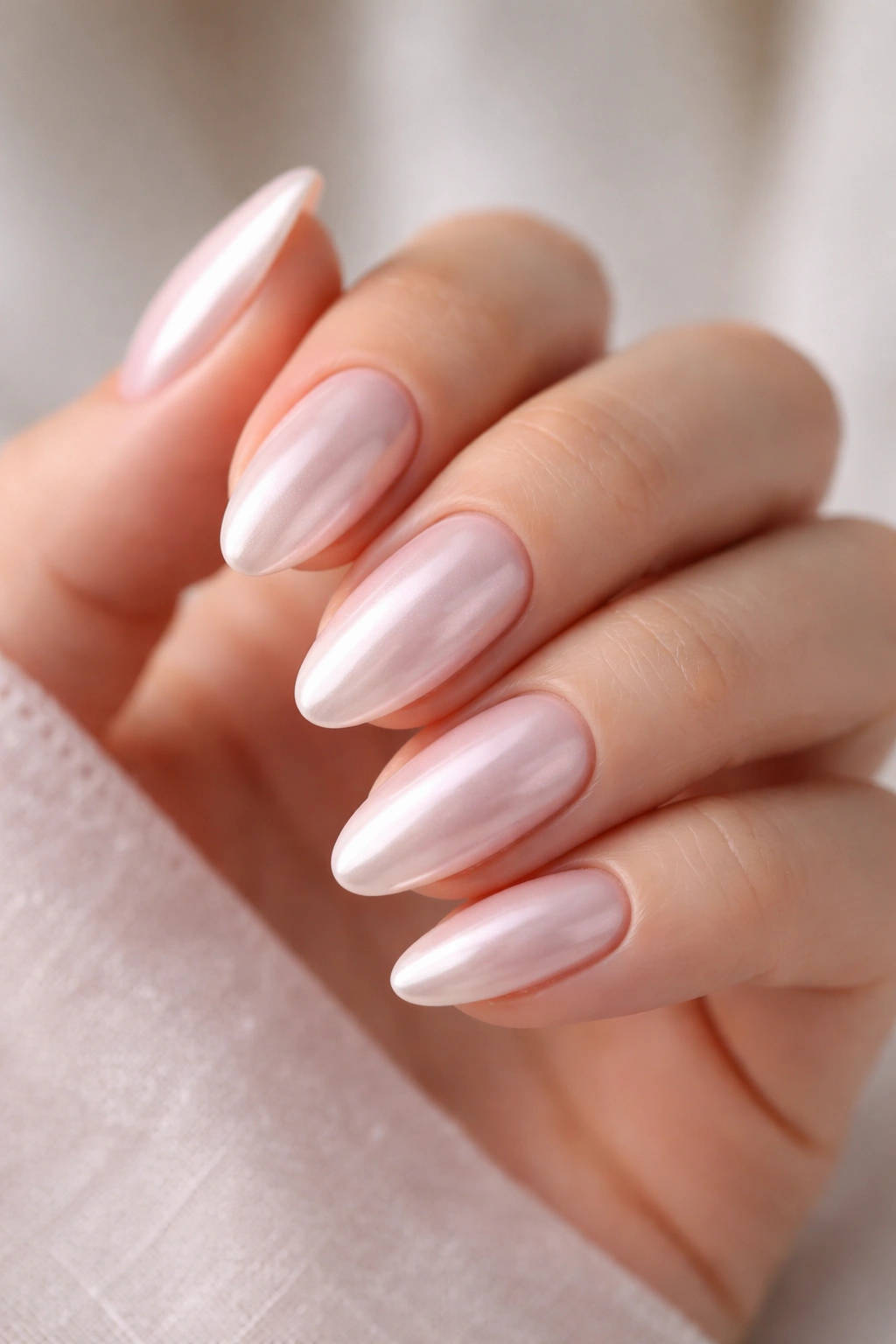 Close-up almond nails with cool milky pink base and pearl chrome sheen