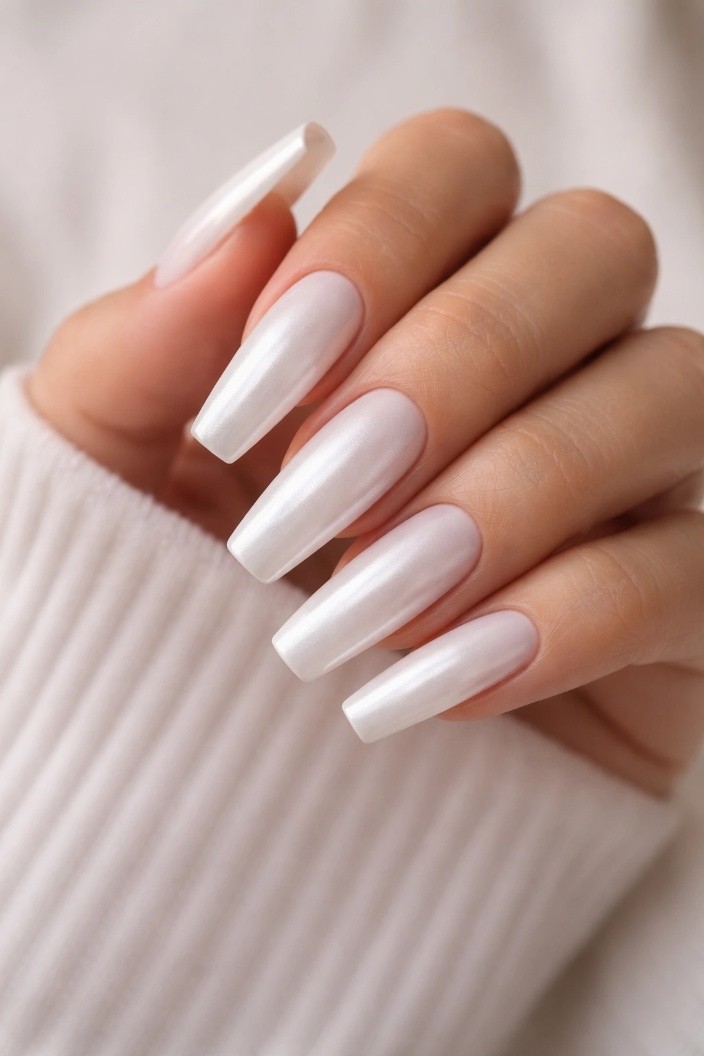 Close-up of pearl white coffin nails with soft luster