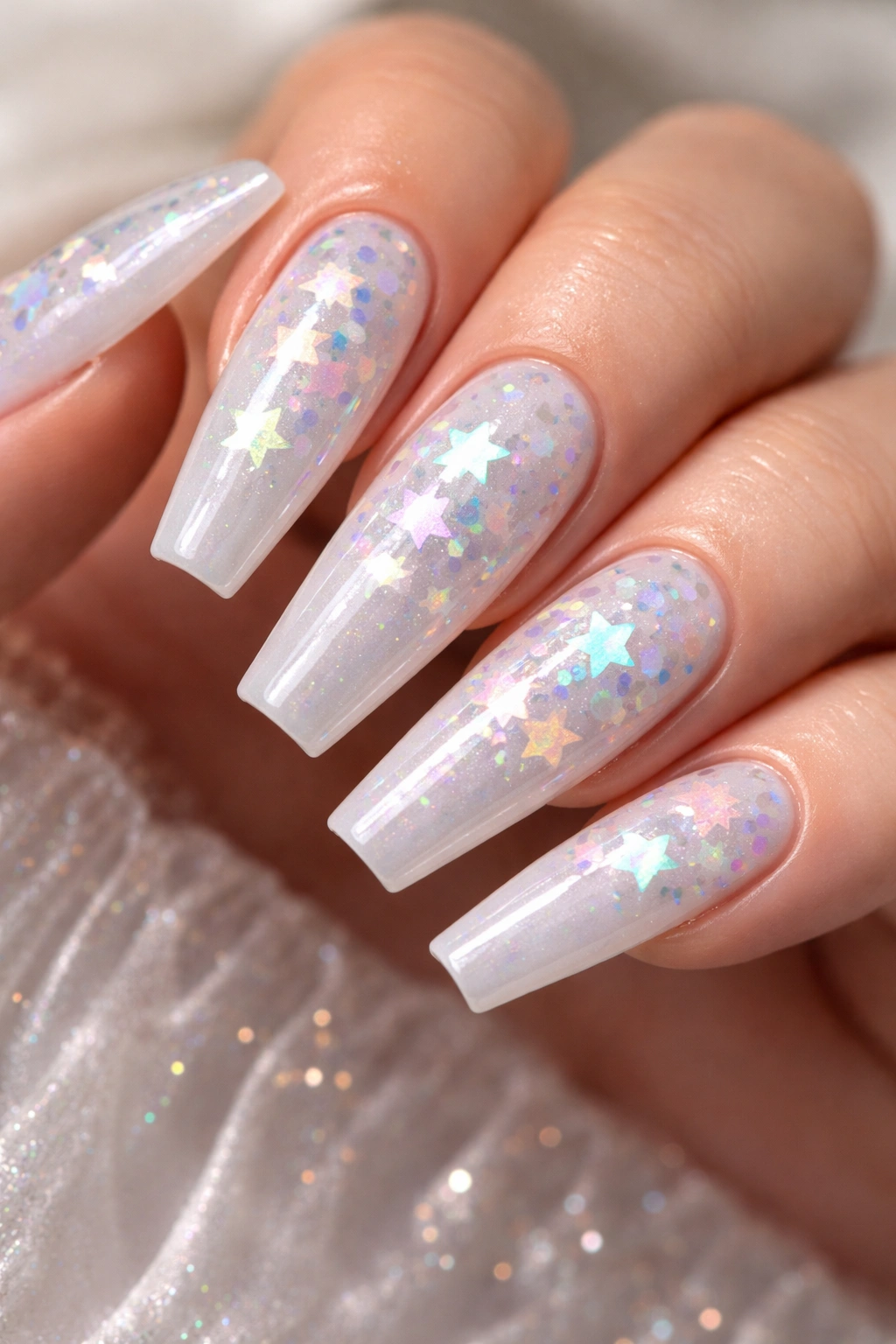 Close-up of pearl white coffin nails with iridescent star sequins