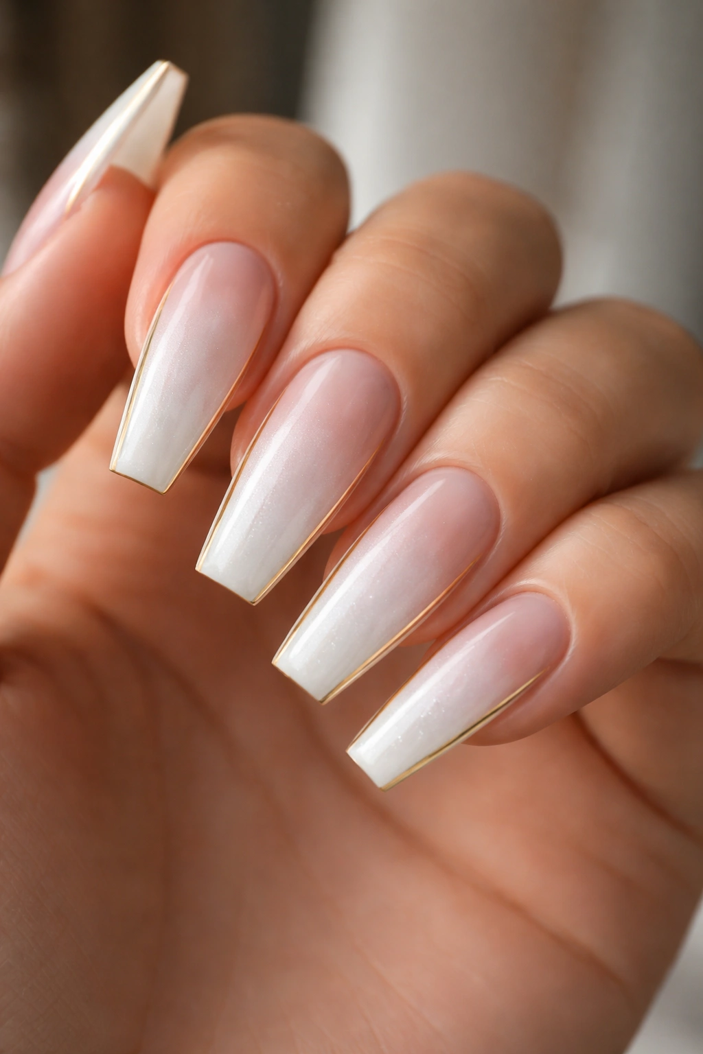 Pearl white ombre nails with thin gold sidewalls