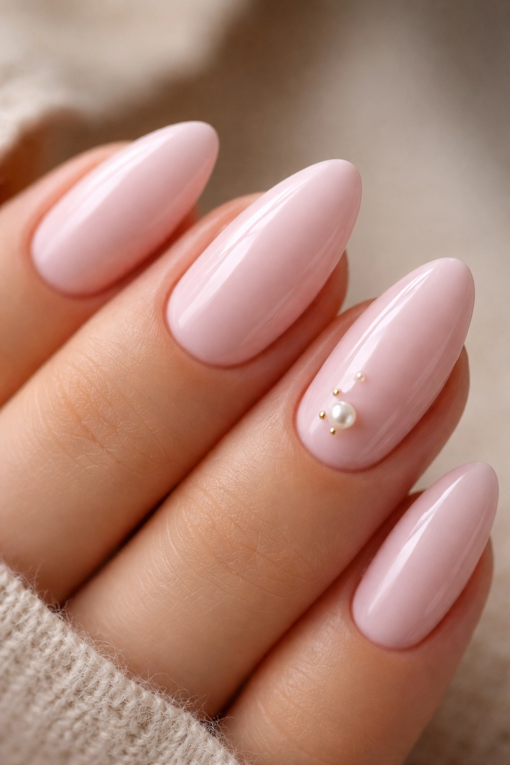 Close-up of baby pink almond nails with a single tiny pearl on an accent nail