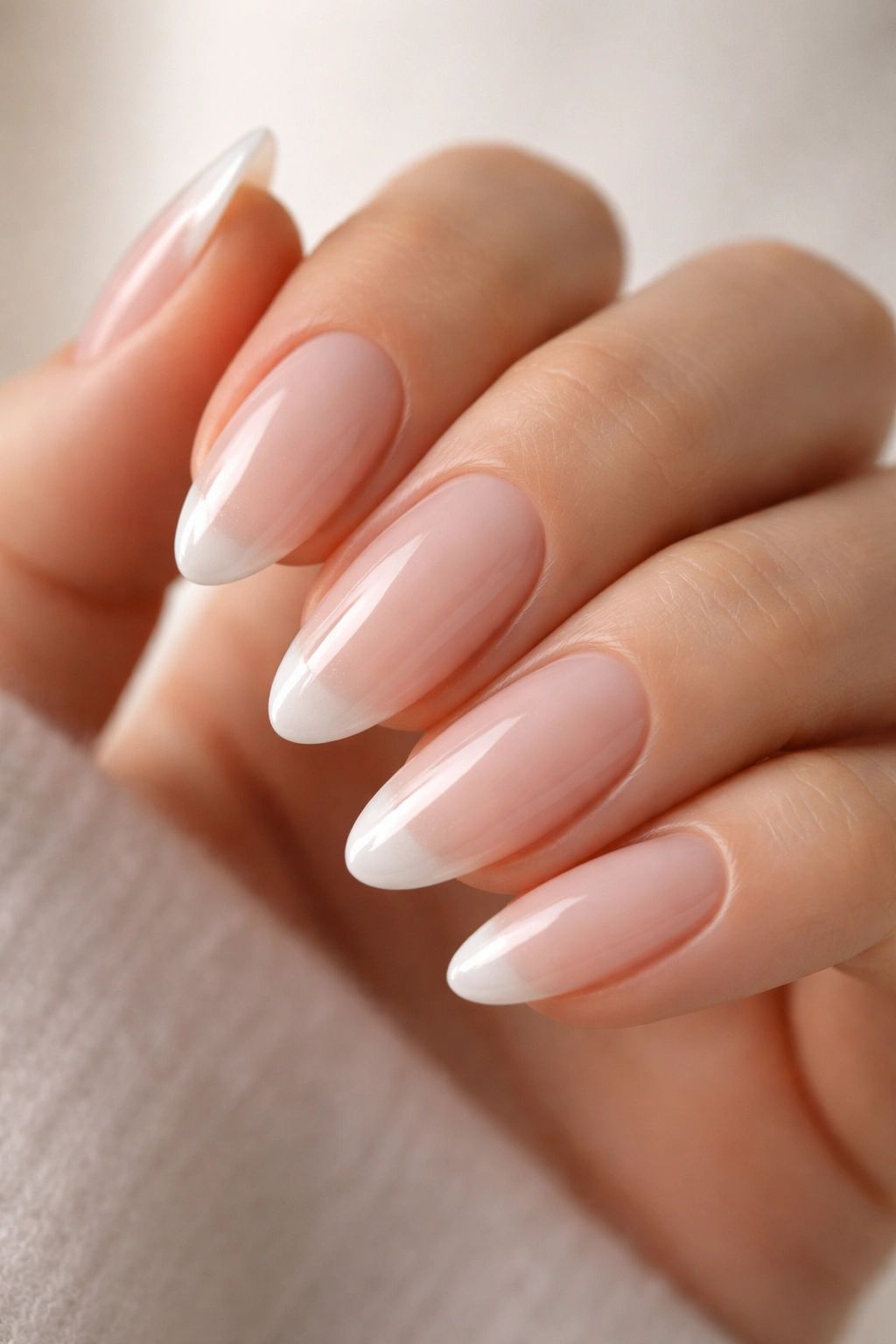 Close-up of almond nails with barely there pearly French on a blush nude base