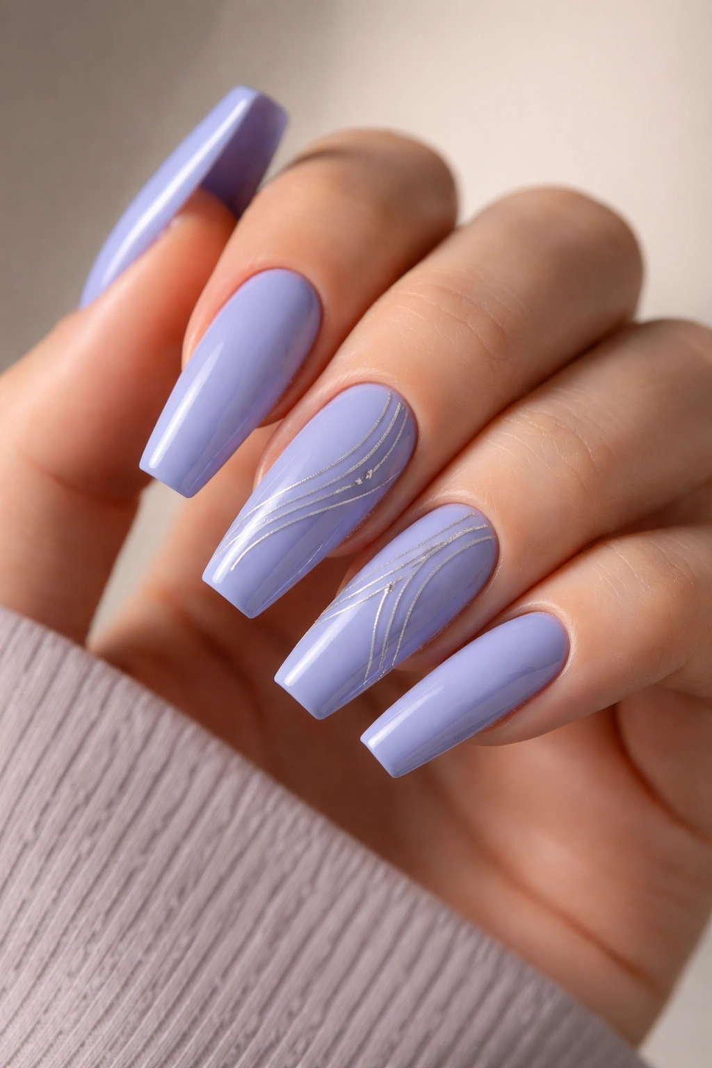 Periwinkle nails with silver line art on coffin shape