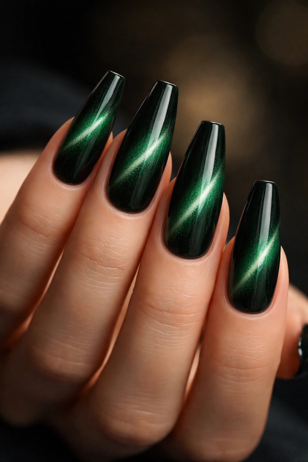 Pine green cat-eye nails on coffin shape with diagonal magnetic shimmer