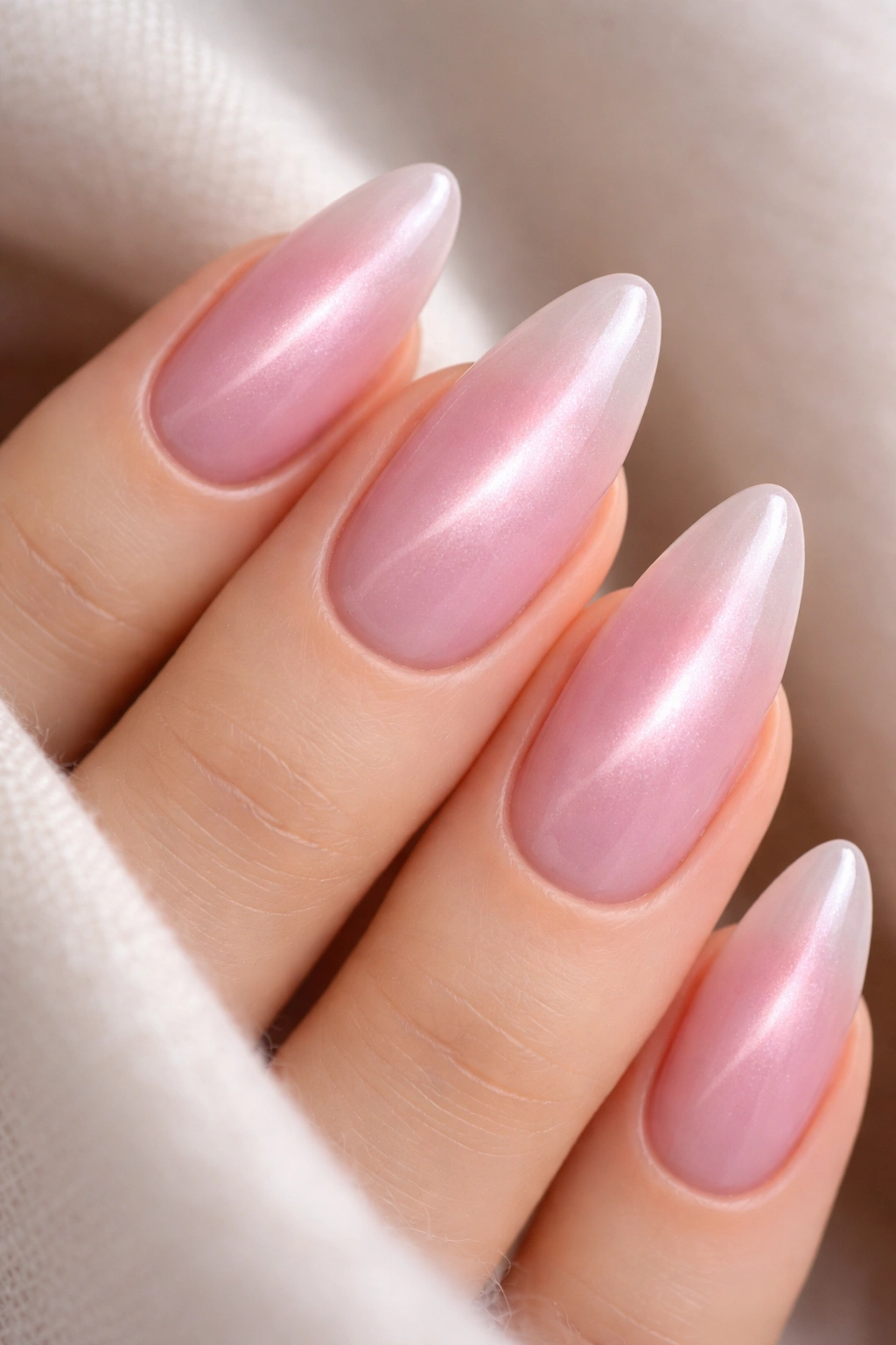 Almond nail with dusty pink aura cat eye shimmer off center