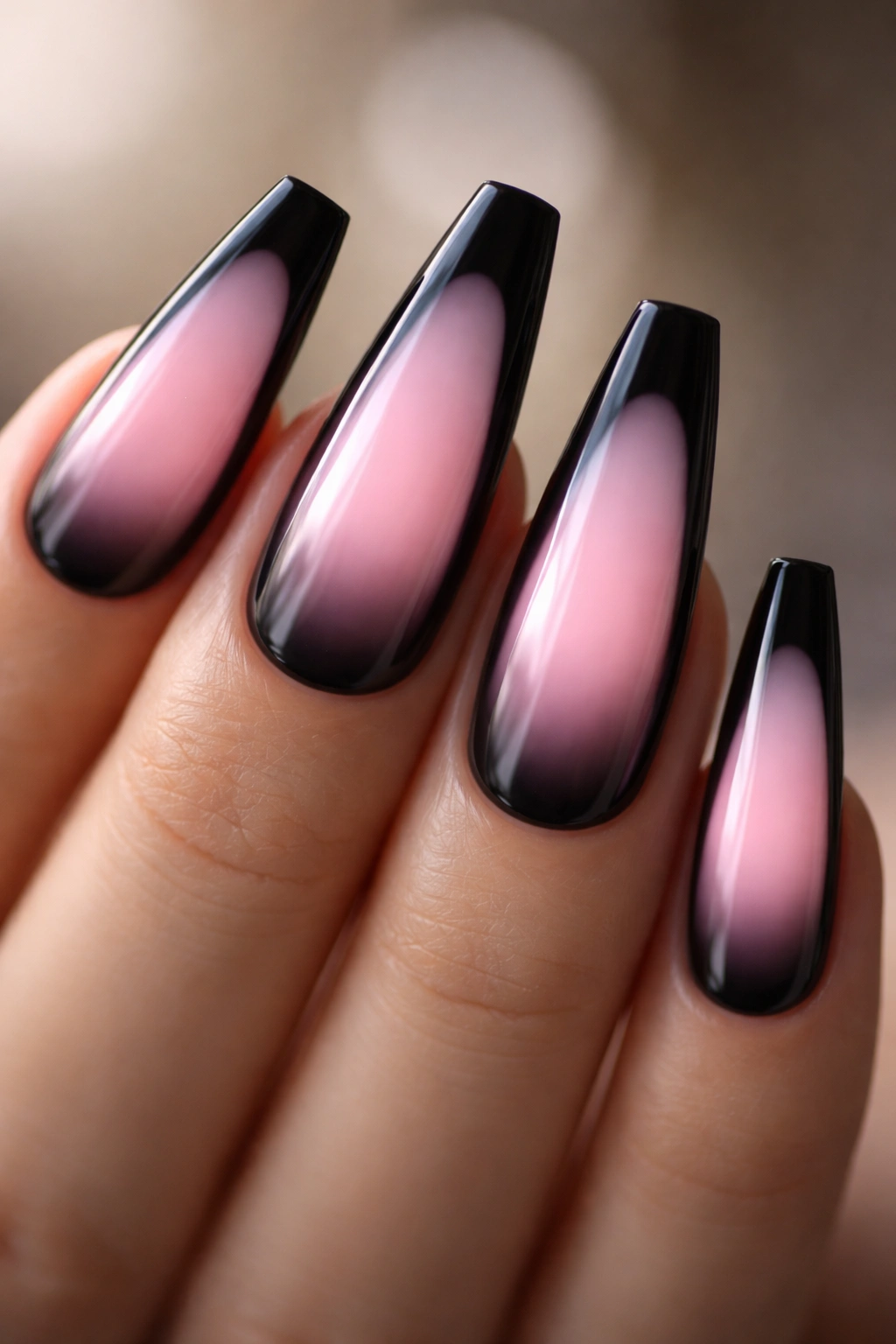 Coffin nails with pink aura center and black outer edge