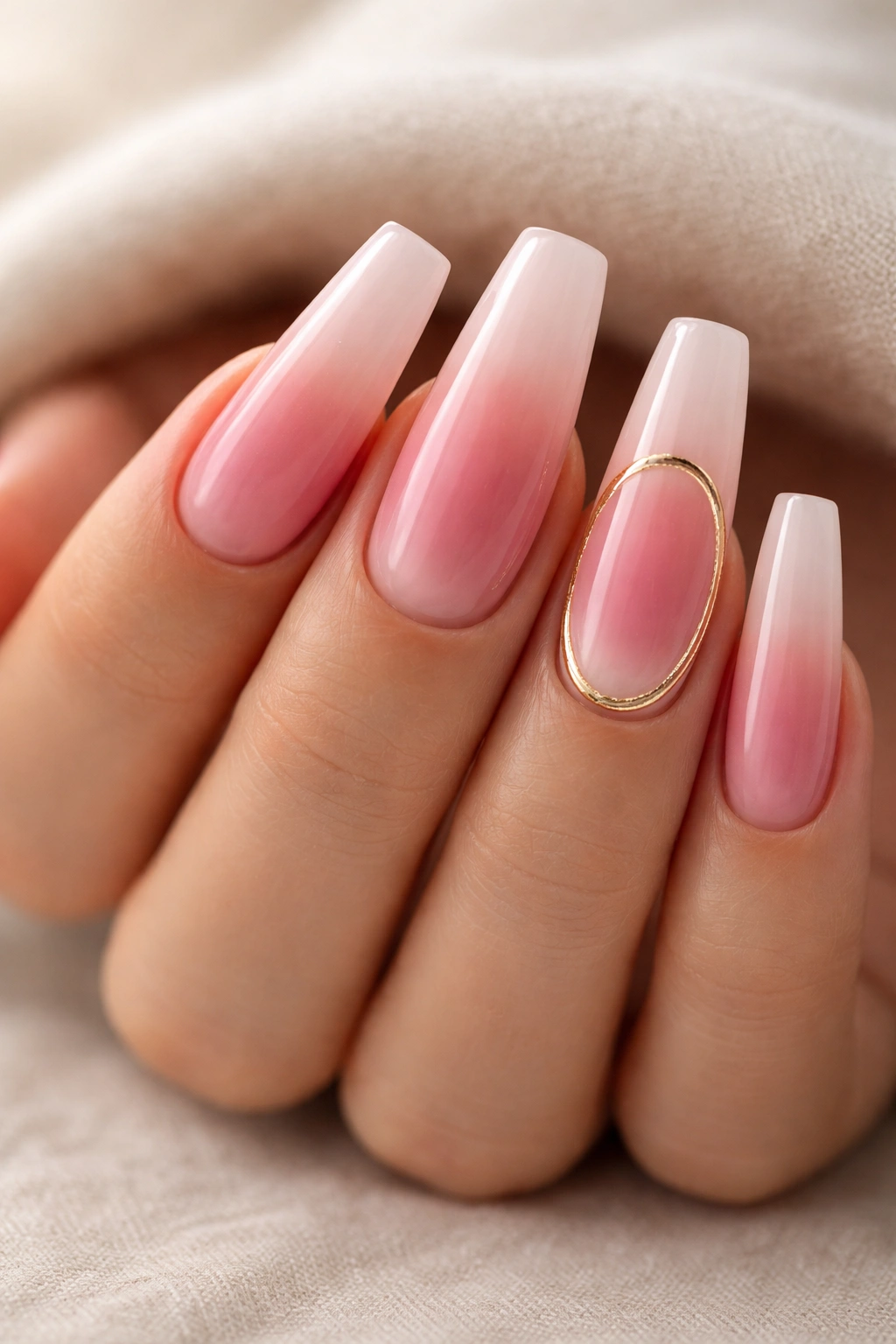 Coffin nails with soft pink aura fade and gold halo ring on accent nails