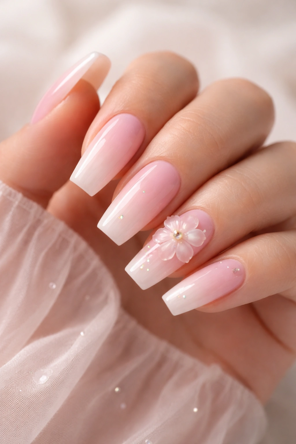 Pink aura coffin nails with translucent jelly flowers on a hand.