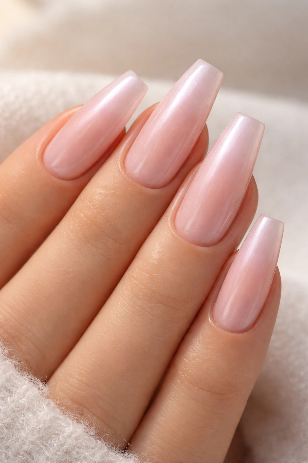 Close-up of pink glazed bubble bath coffin nails with a sheer milky pink finish