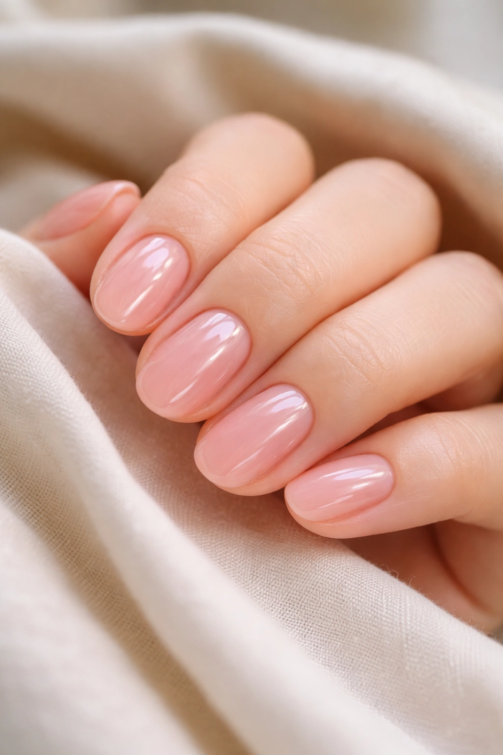 Close-up of short oval nails with clear pink bubble gloss finish