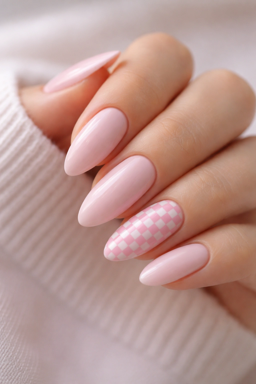 Almond nails with tiny pink checker accents on one nail