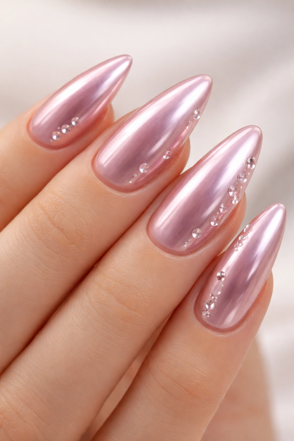 Almond nails with pink chrome and tiny 3D gel droplets