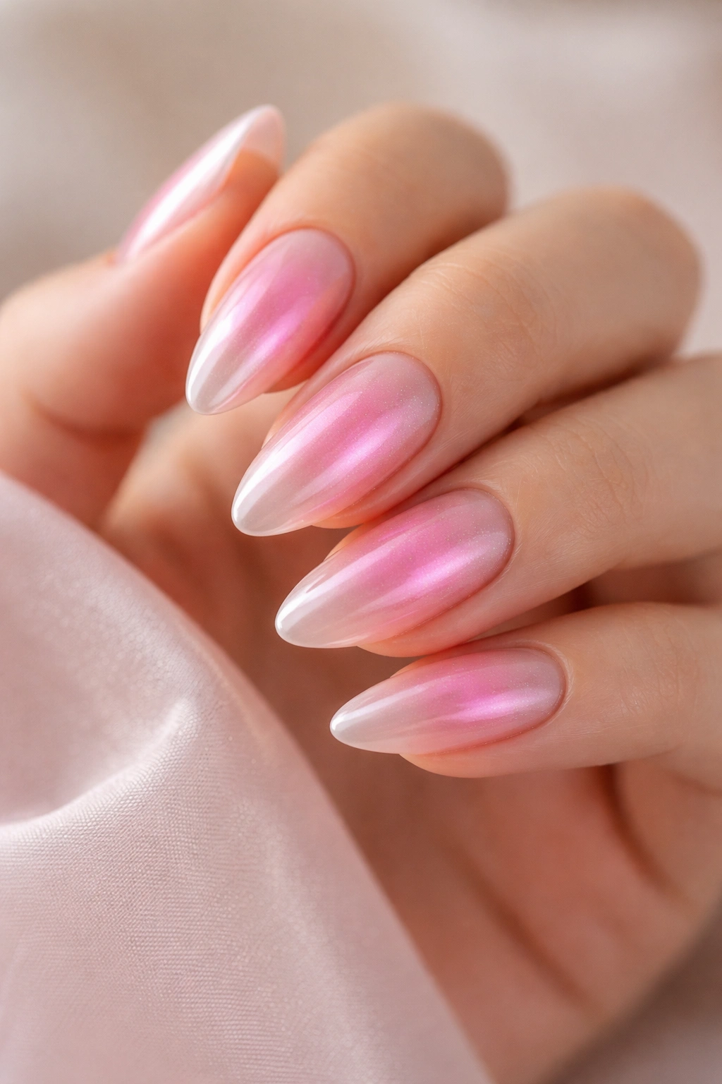 Aura pink chrome on almond nails with central glow.