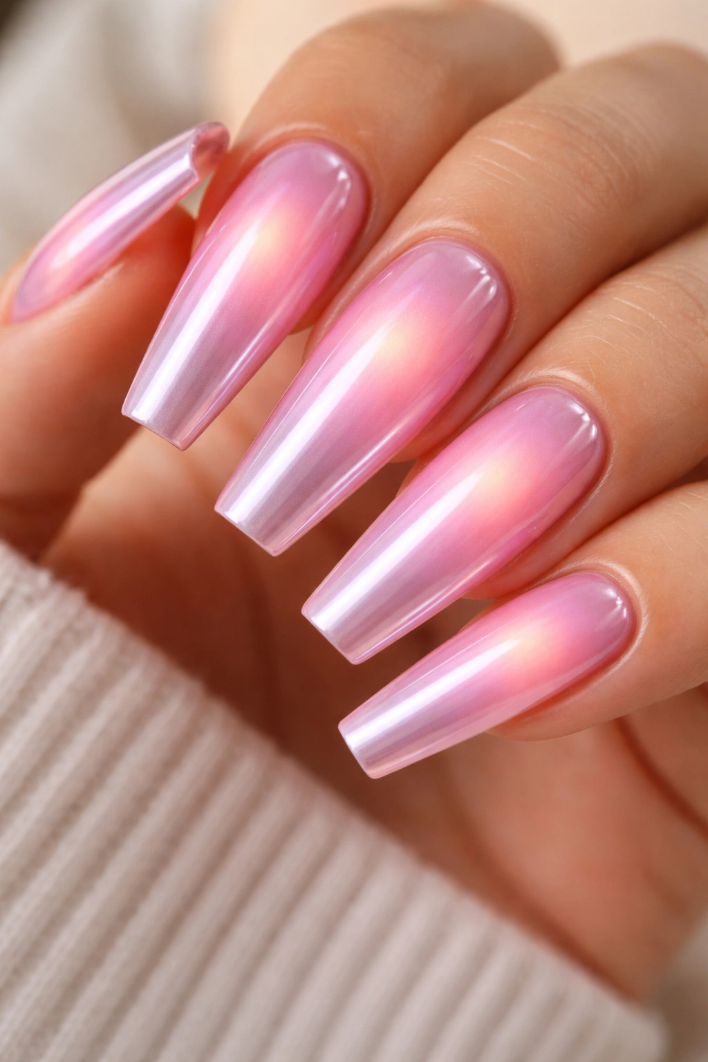 Coffin nails with pink chrome aura and soft central glow