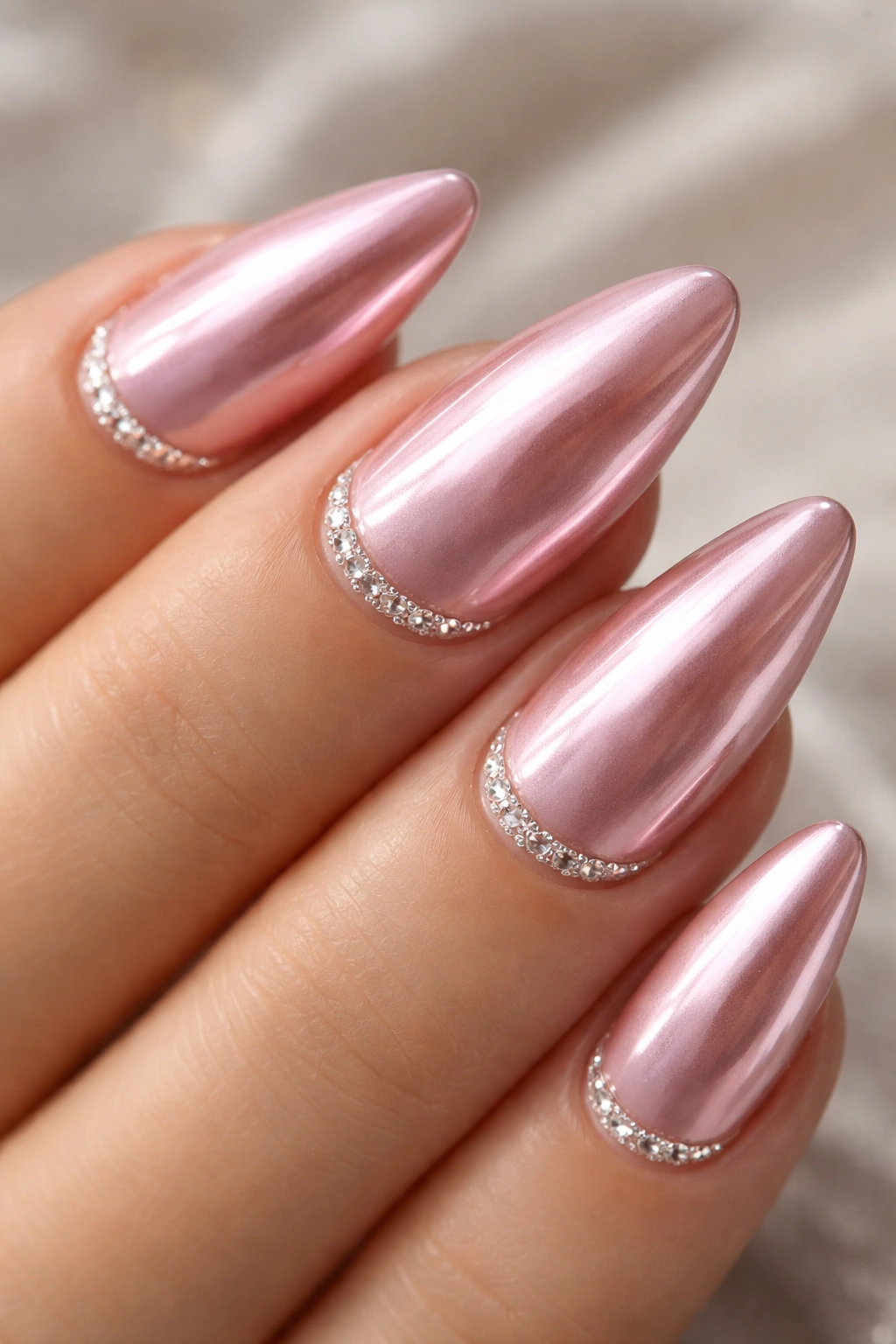 Almond nails with pink chrome and a tiny crystal cuticle line.