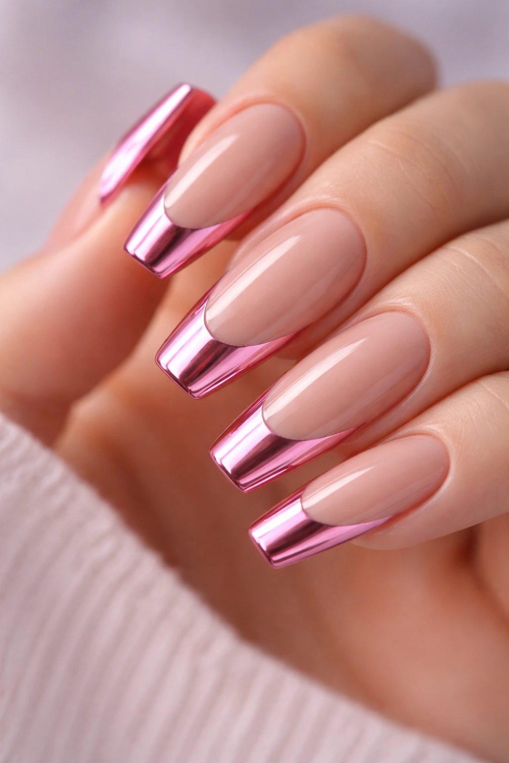 Close-up of pink chrome French tip coffin nails over nude base