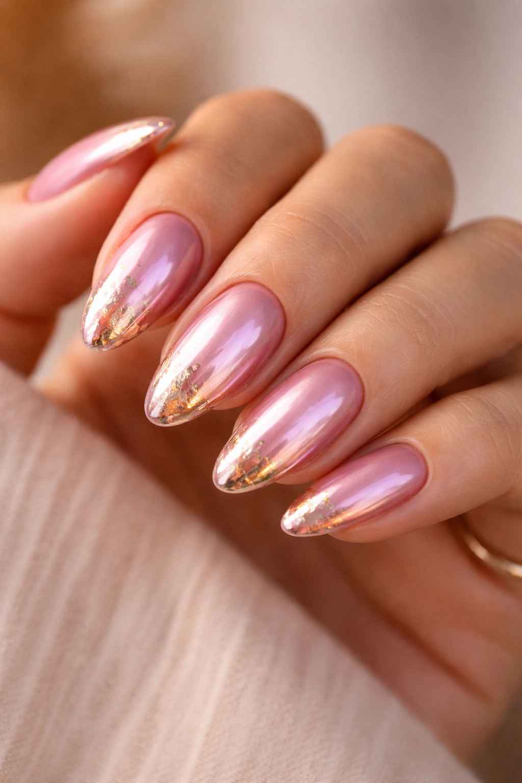 Almond nails with pink chrome and scattered gold foil accents