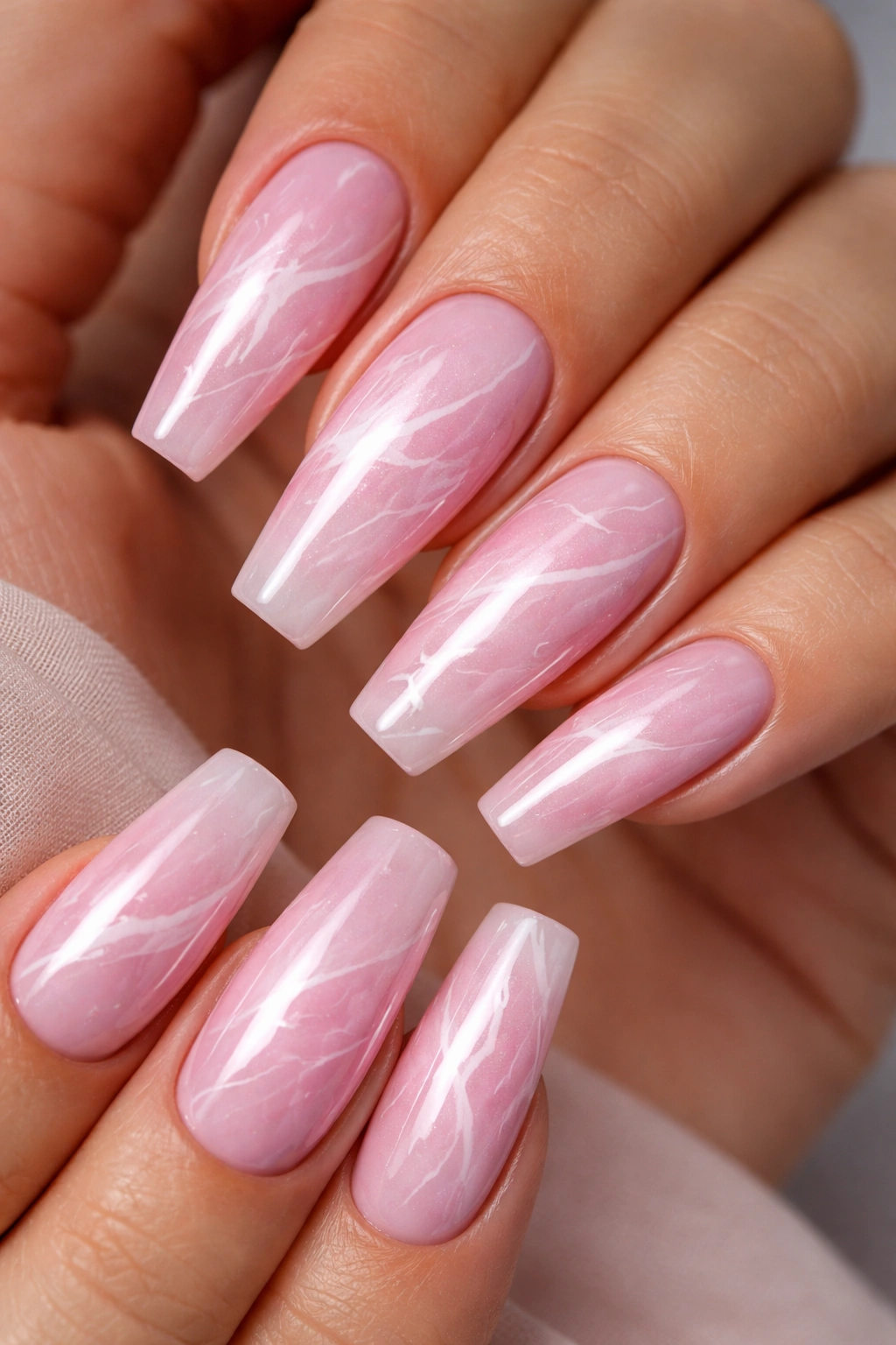 Coffin nails with pink chrome marble pattern