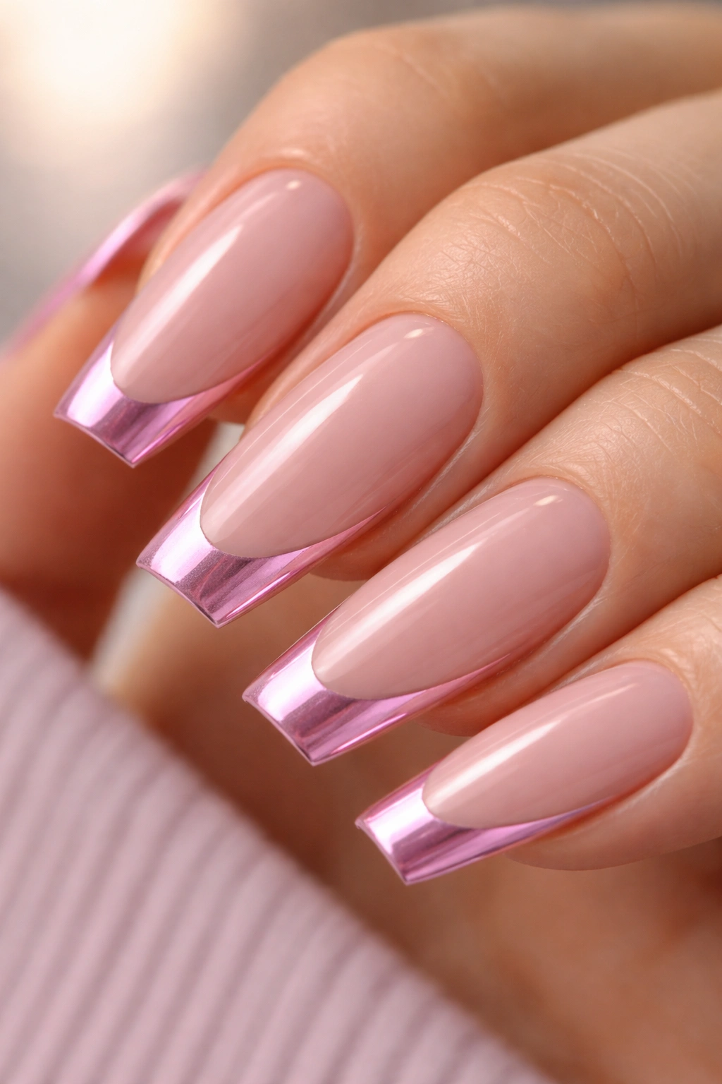 Close-up of coffin nails with a pink chrome outline along the tip