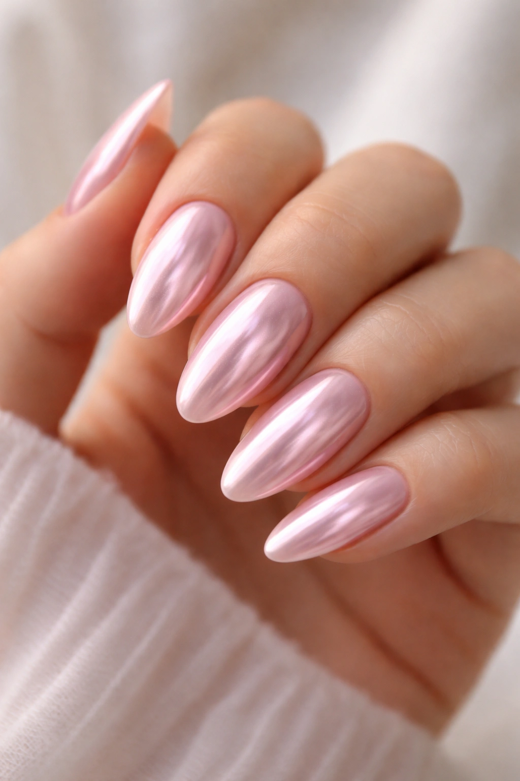 Almond nails with pink chrome glaze on milky pink base