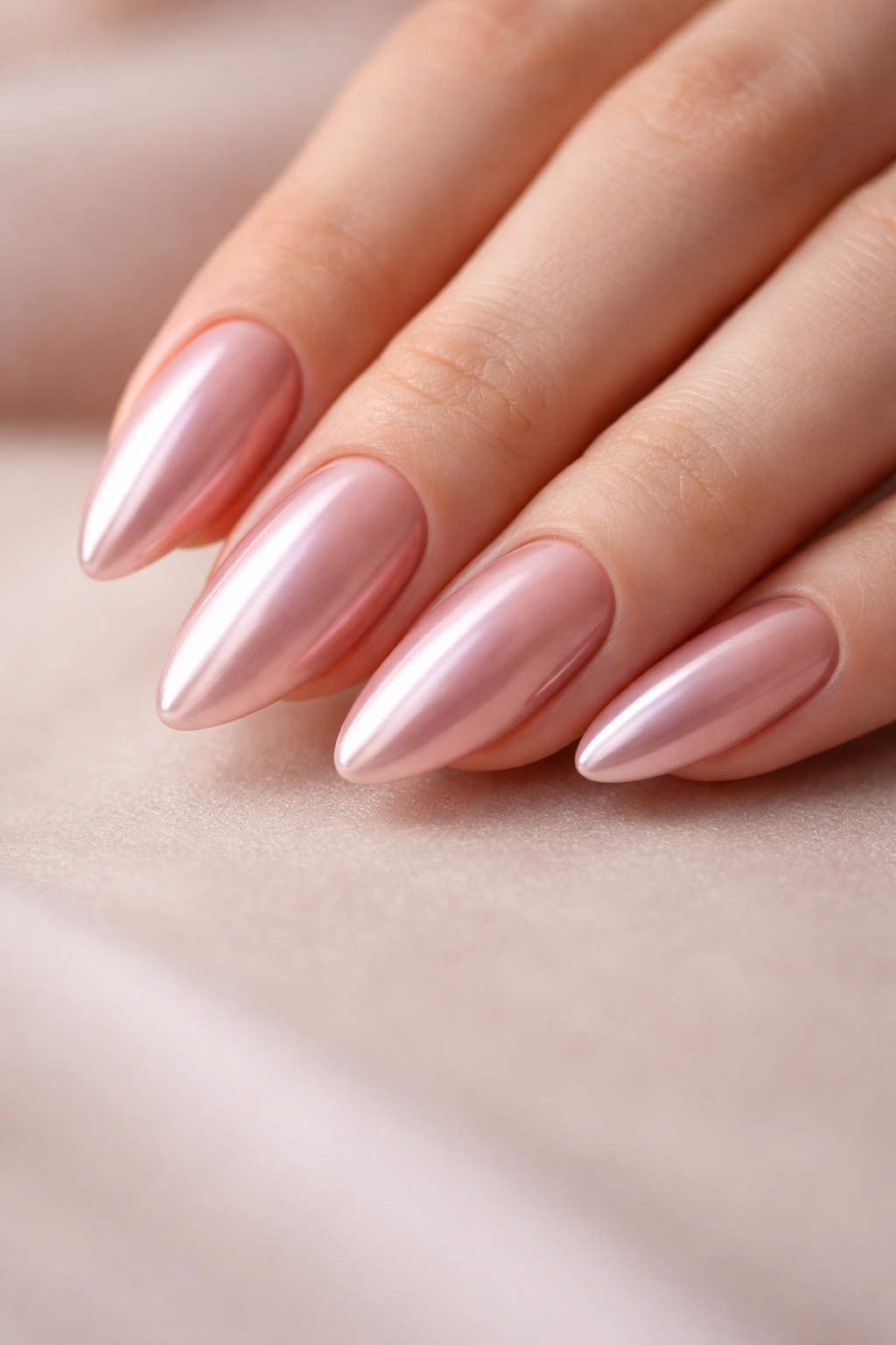 Close-up of sheer blush pink chrome almond nails on a neutral background.
