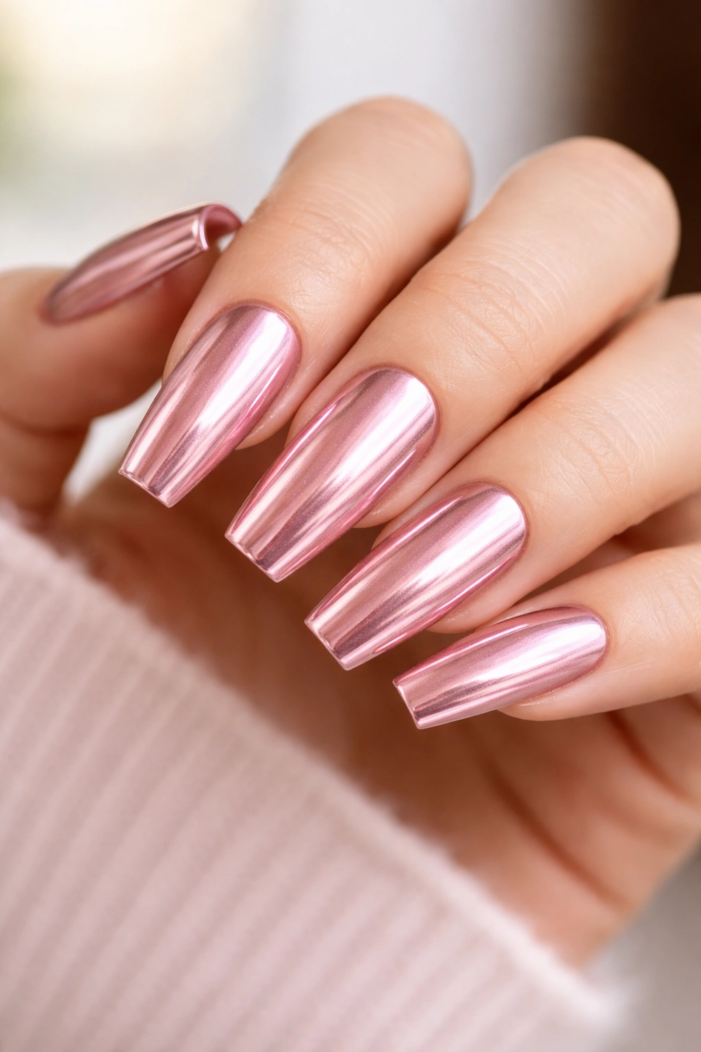 Close-up of pink chrome coffin nails reflecting light in a studio.