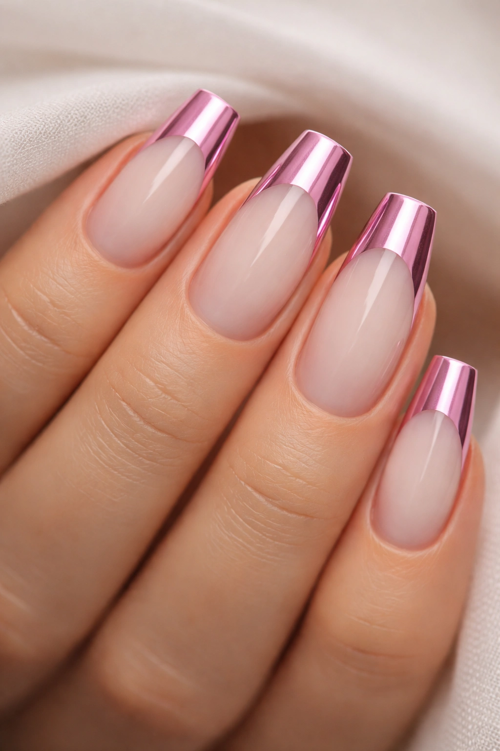 Medium coffin nails with pink chrome tips over milky base