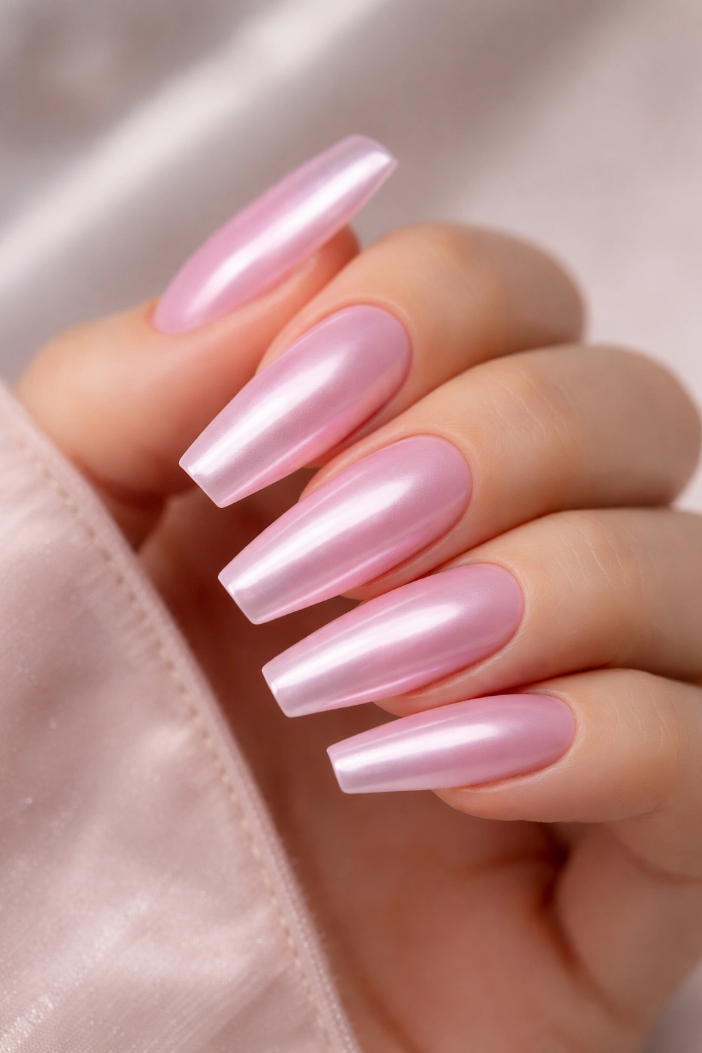 Close-up of pink coffin nails with micro pearl chrome finish and silky reflections