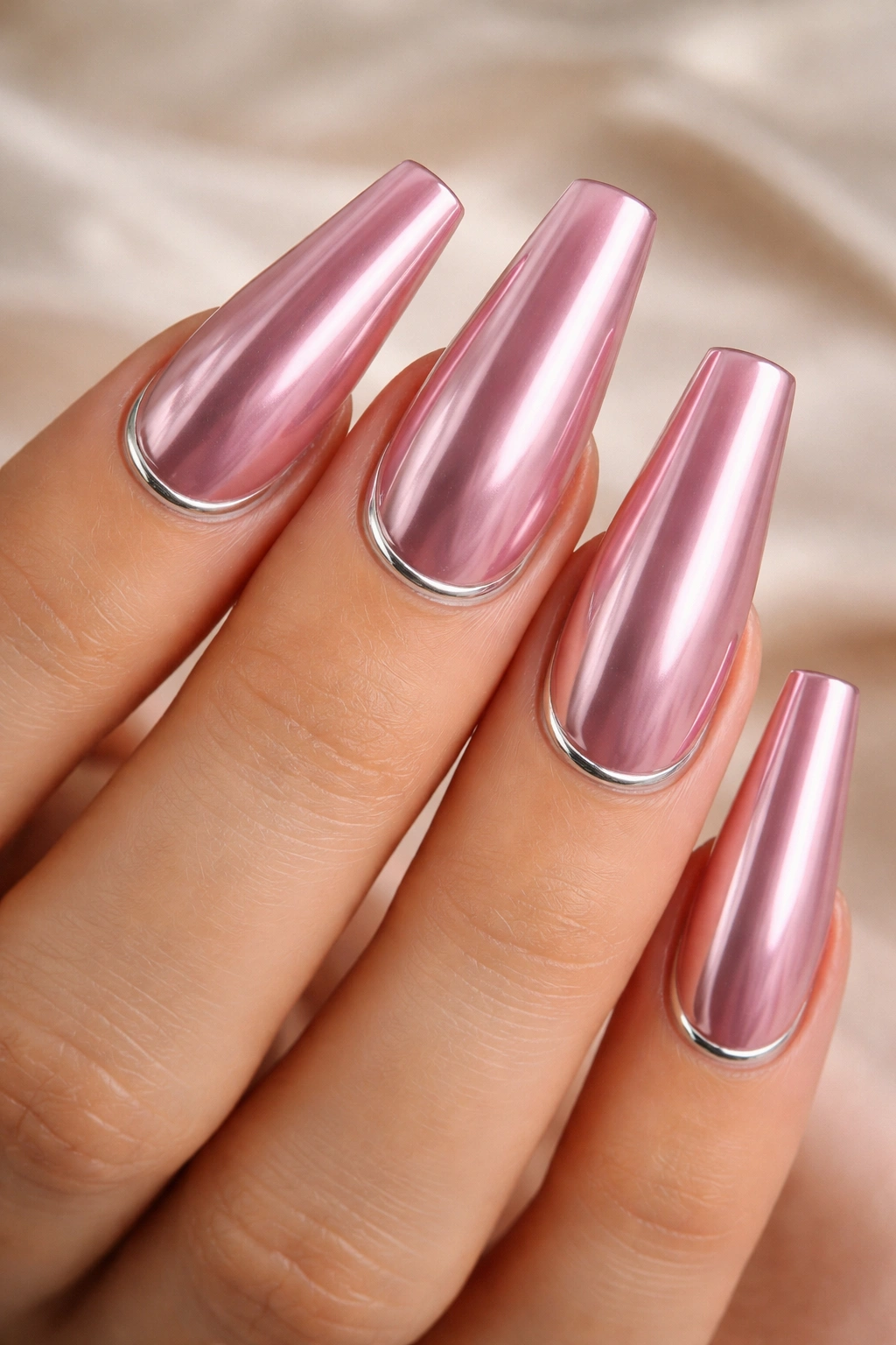 Pink coffin nails with a thin silver cuticle line on chrome surface