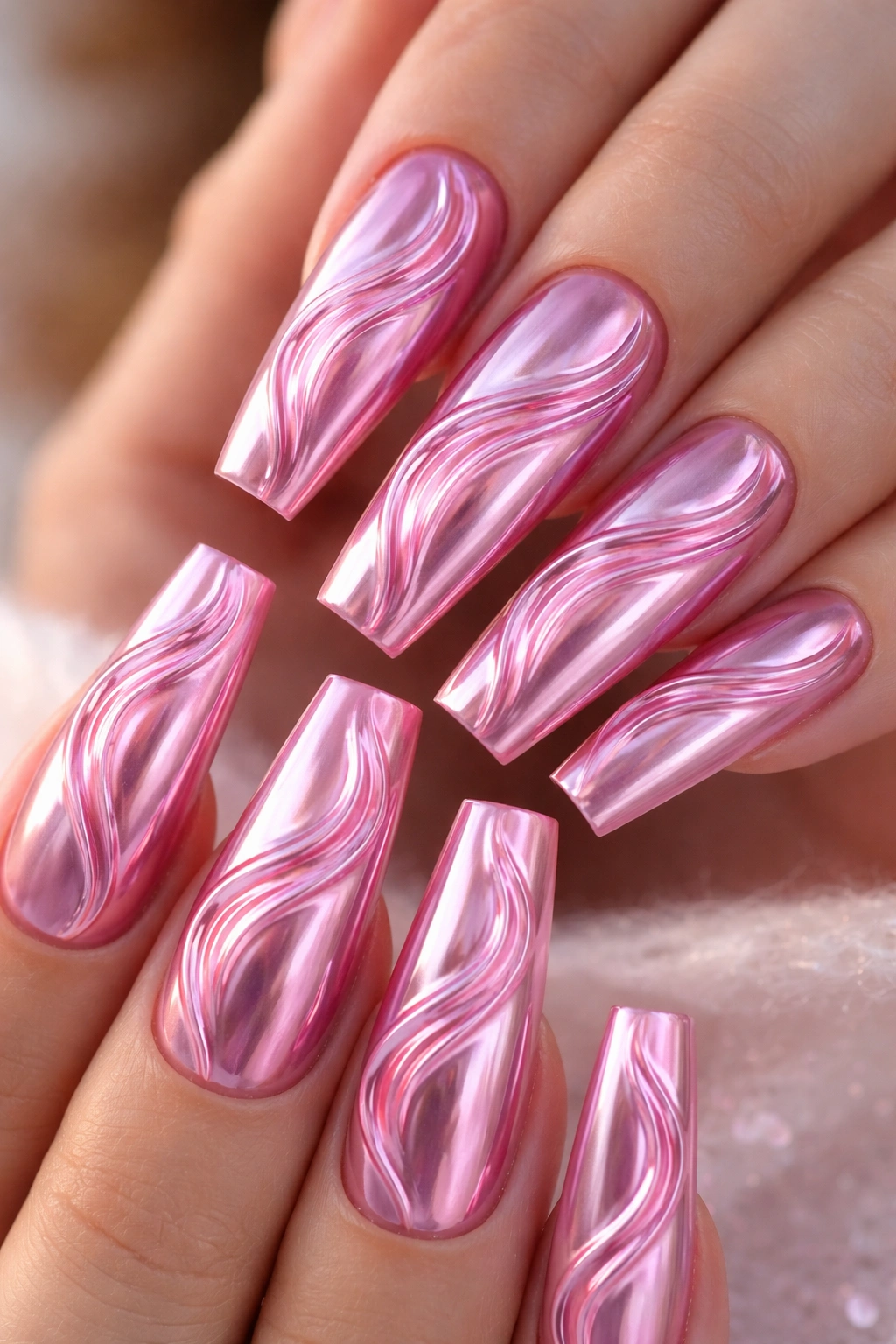 Close-up of pink chrome coffin nails with raised 3D gel waves