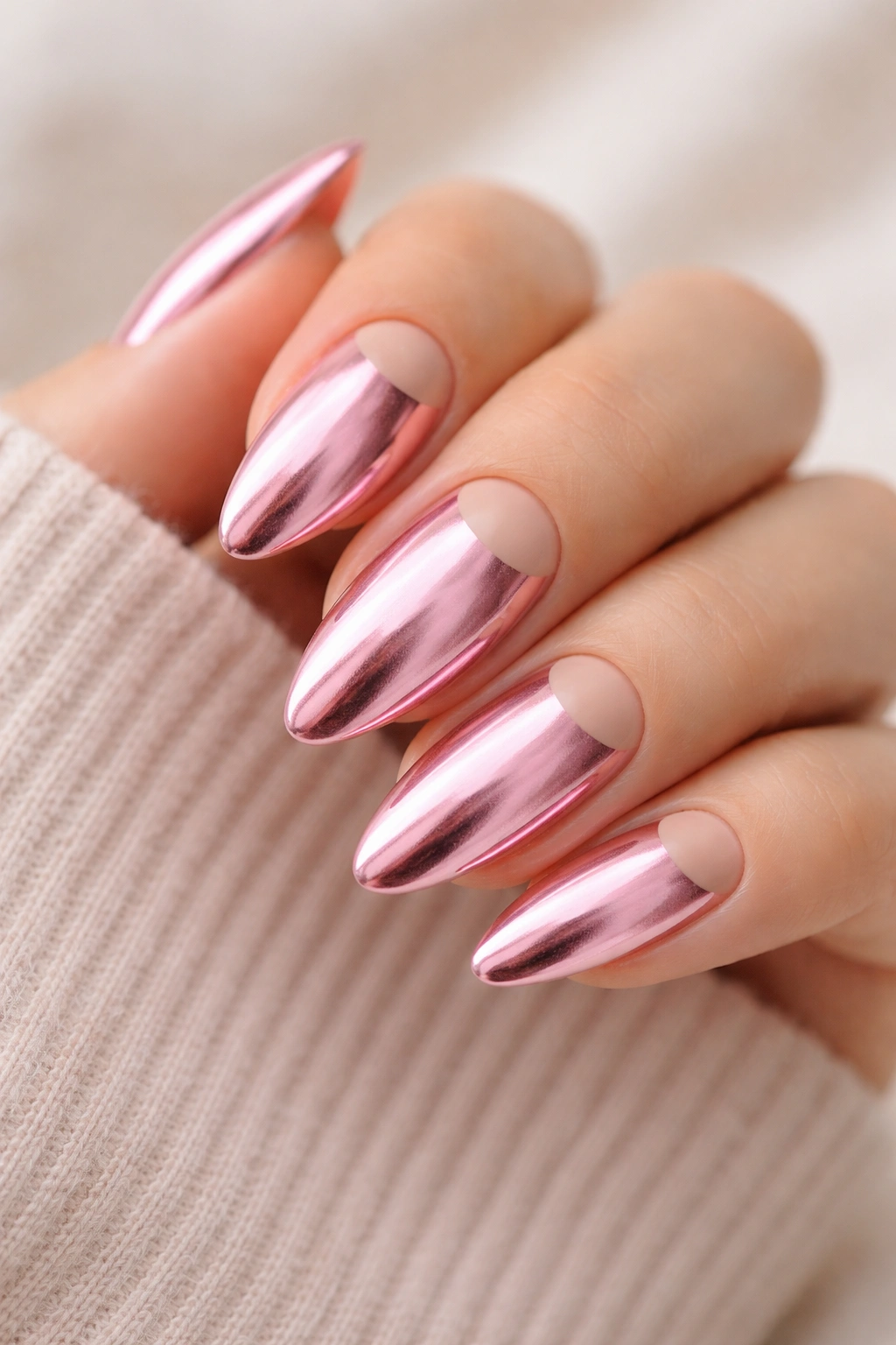Almond nails with pink chrome and negative-space half-moons near the cuticle.