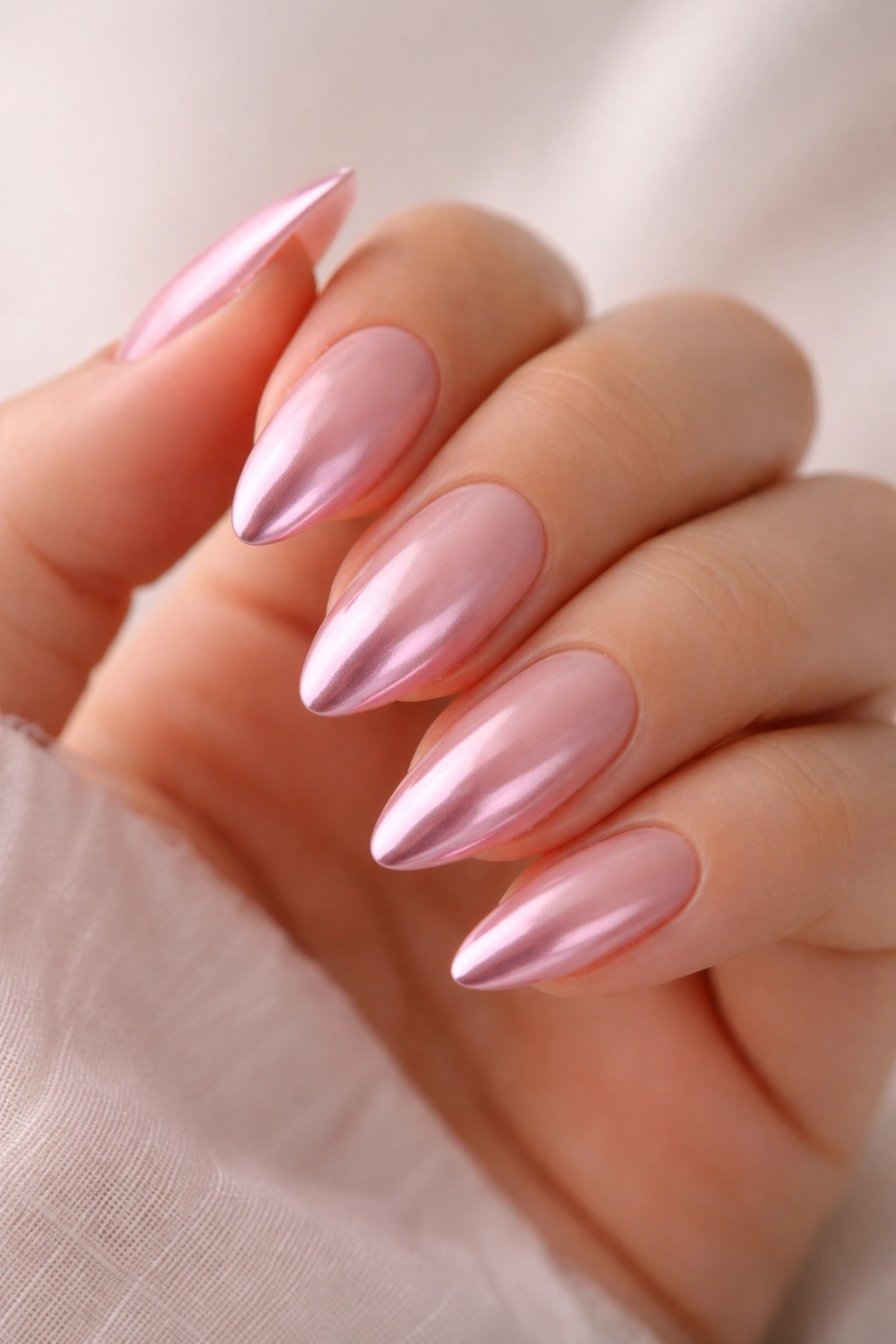 Gradient nude to pink chrome on almond nails.