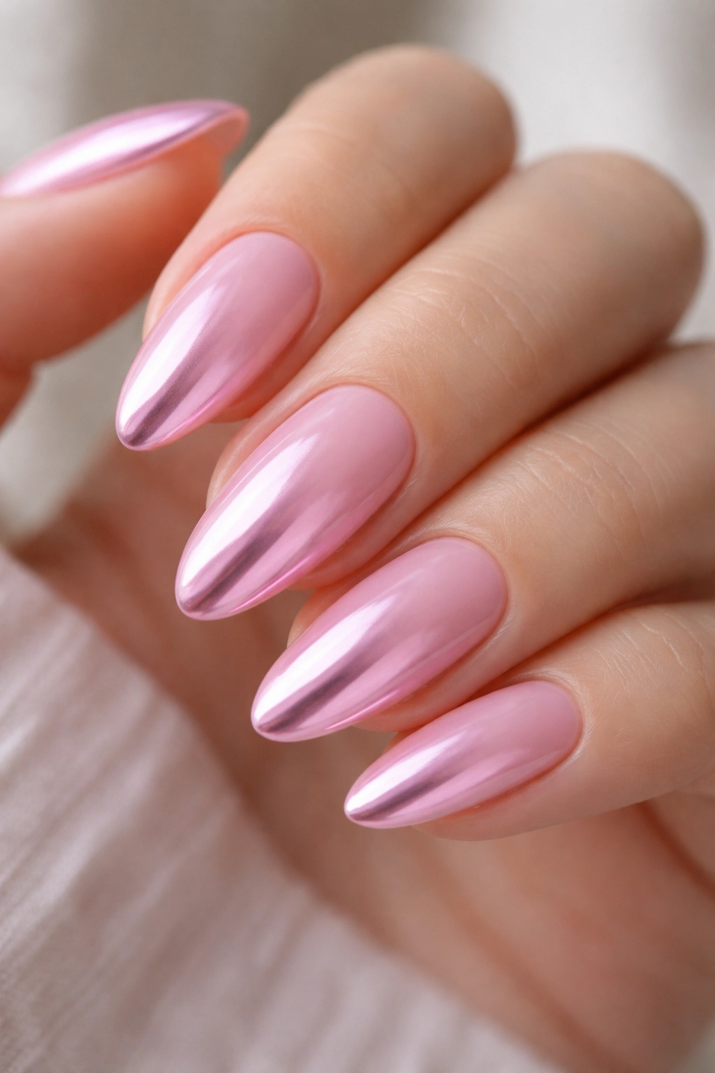 Close-up almond nails showing pink chrome ombré fade from cuticle to tip