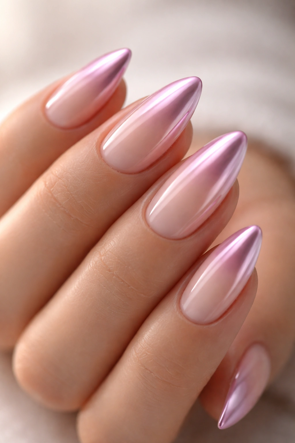 Almond nails with pink chrome tips fading into a nude base.