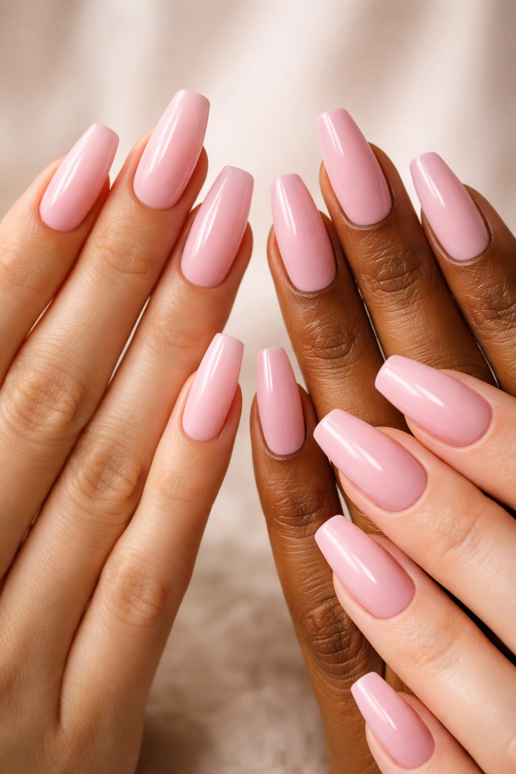 Close-up of pink coffin nails on diverse hands showing tapered shape and natural undertones.