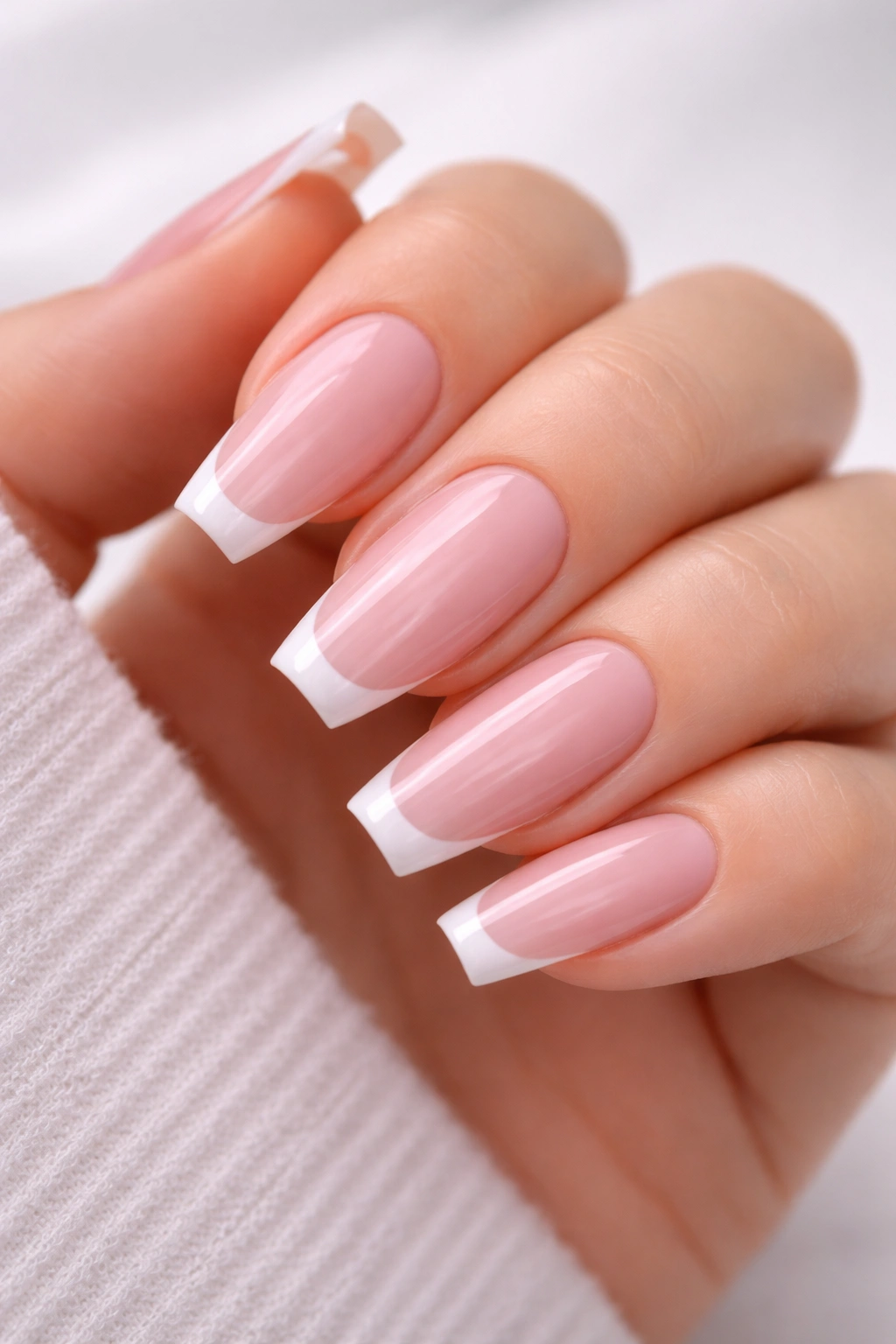 Close-up of classic light pink coffin nails with a micro white edge and glossy finish