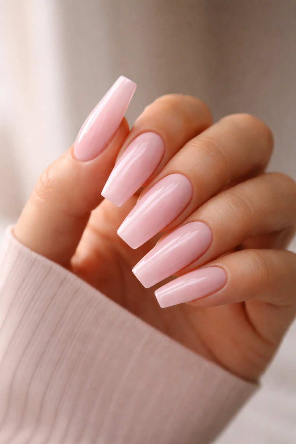 Close-up of pink coffin nails on a hand in milky pink shade with squared tips