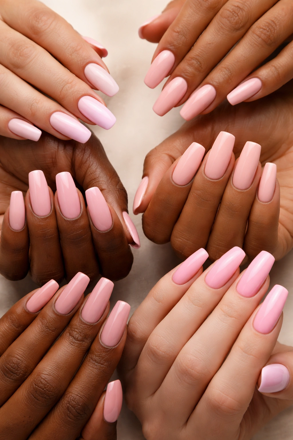 Hands displaying coffin nails in various pink shades to show undertone and length considerations.