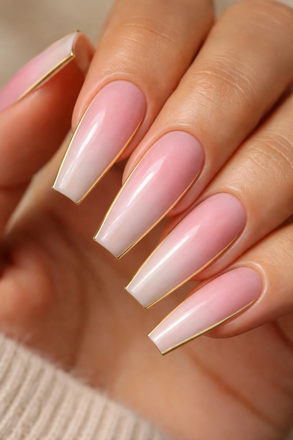 Pink coffin nails with a soft fade and thin gold sidewalls