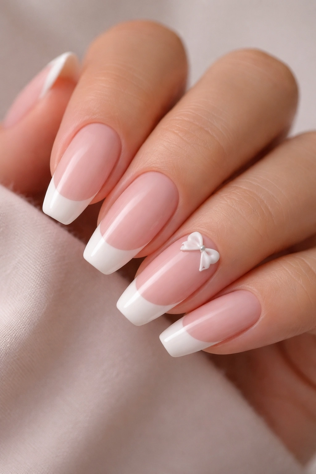 Nails with light pink French tips and a single bow accent on an accent nail