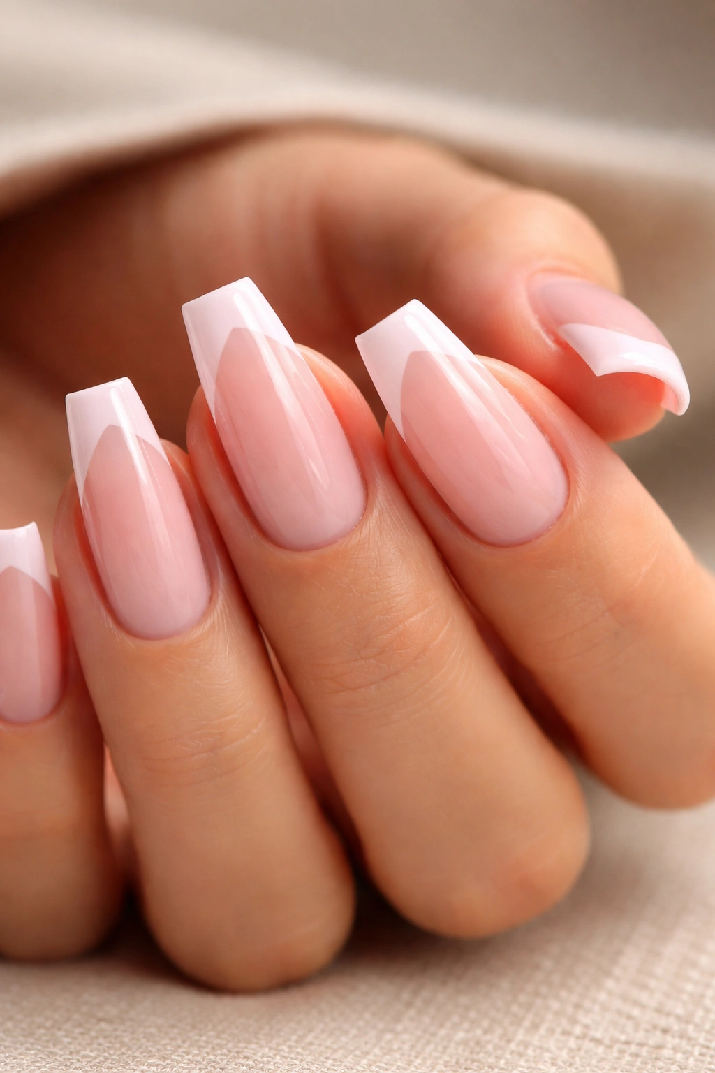 Medium coffin nails with pink French tips showing light edge wear