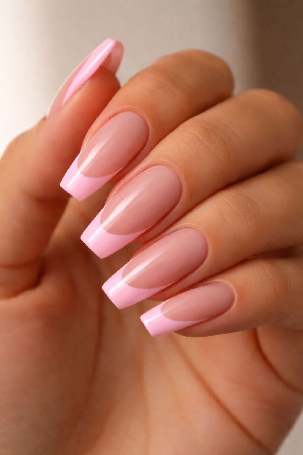 Nails with pink French tips matched to skin tone on a neutral hand