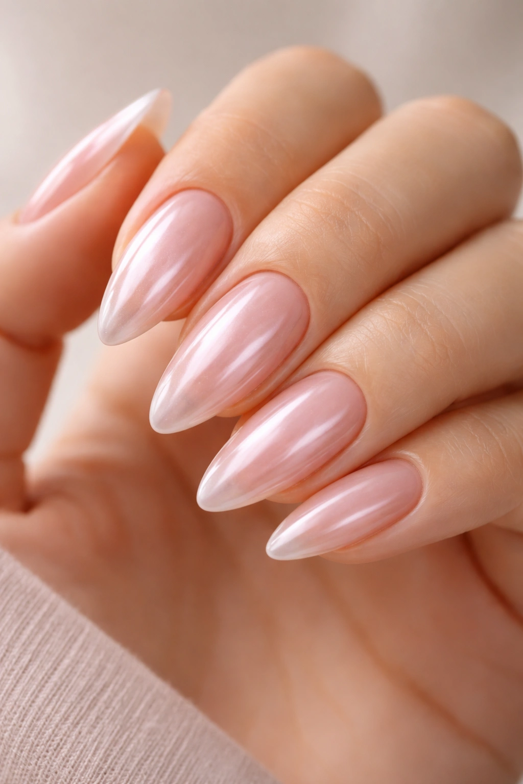 Almond nails with pink glaze and pearlescent chrome overlay