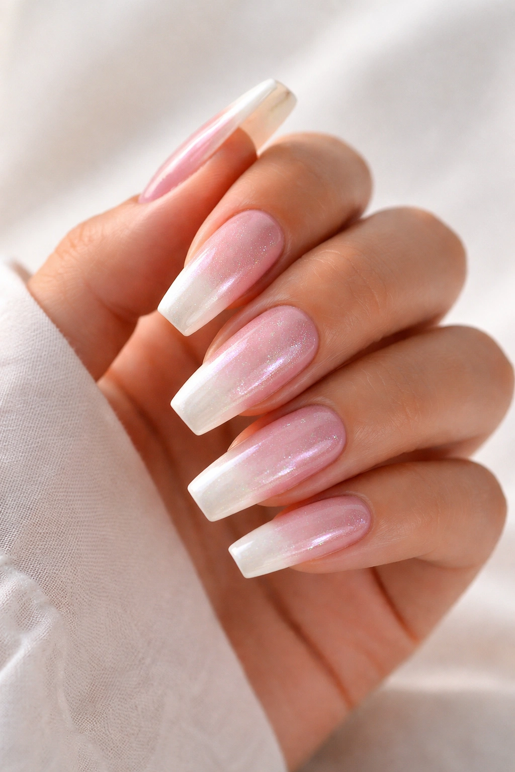Close-up pink glazed pearl fade coffin nails with pearl chrome finish