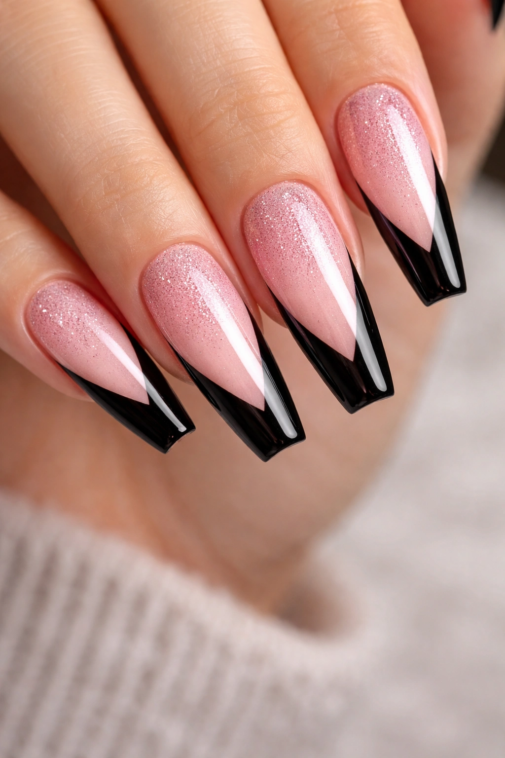 Coffin nails with pink glitter fade and black V-tips