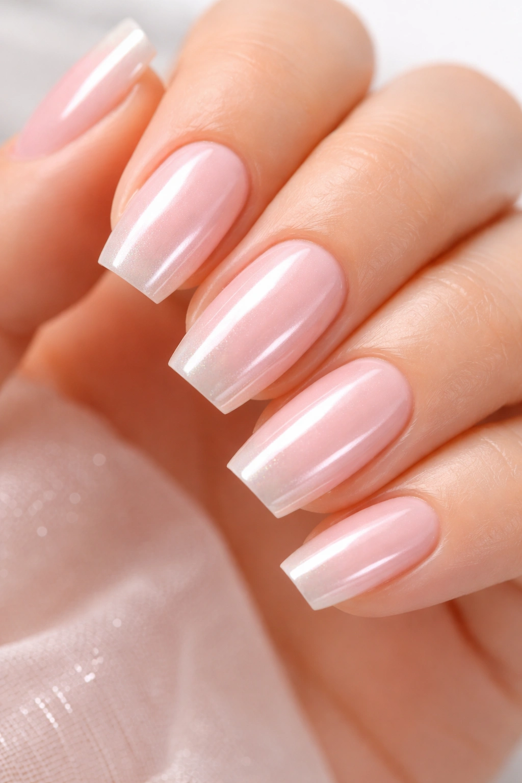 Close-up of short coffin nails in sheer pink with pearlescent chrome