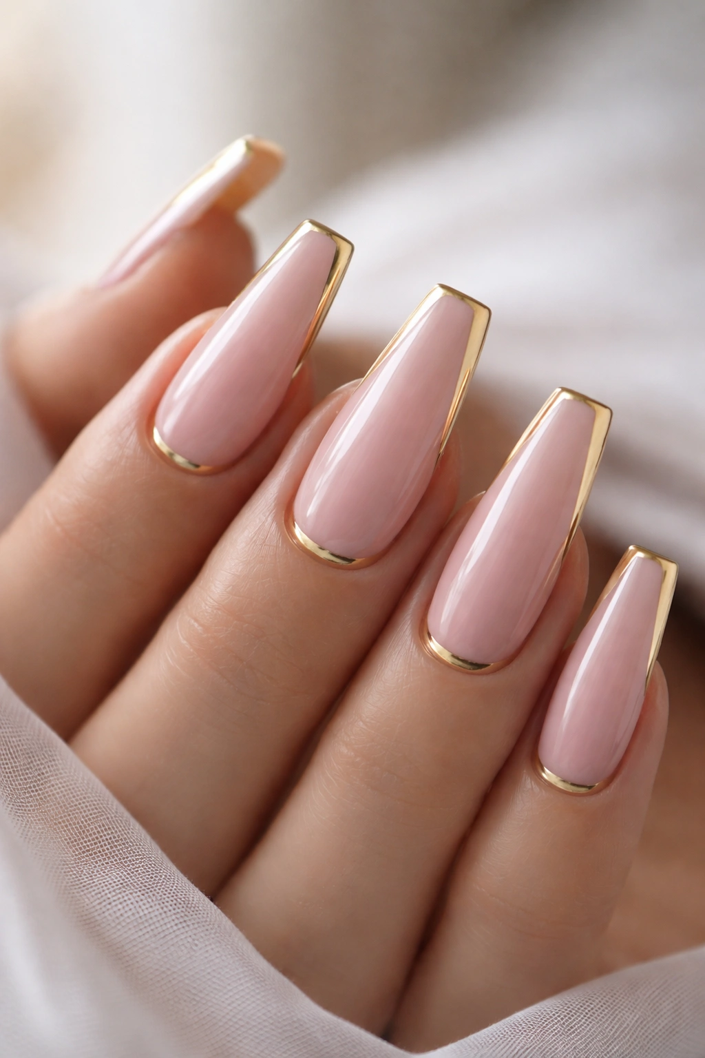 Close-up of coffin nails in soft pink with thin gold sidewall accents