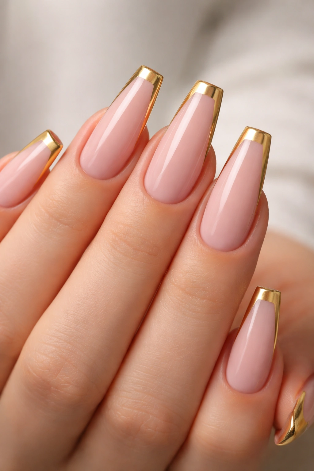 Close-up of pink and gold coffin nails with clean, slim gold lines