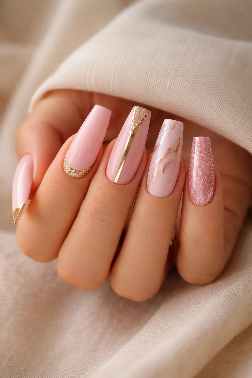 Coffin nails in a cohesive pink and gold mismatch set with single motifs per nail